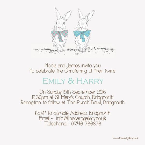 Christening Invitations - Twin Rabbits & Bow Ties - Postcard - Pack of 10