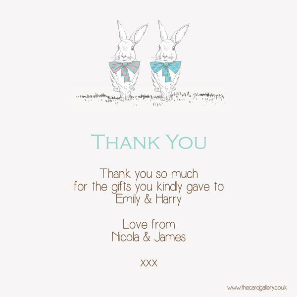 Thank You - Twin Rabbits & Bow Ties - Postcard - Pack of 10