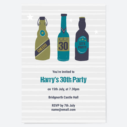 30th Birthday Invitations - Beer Bottles - Cheers - Pack of 10
