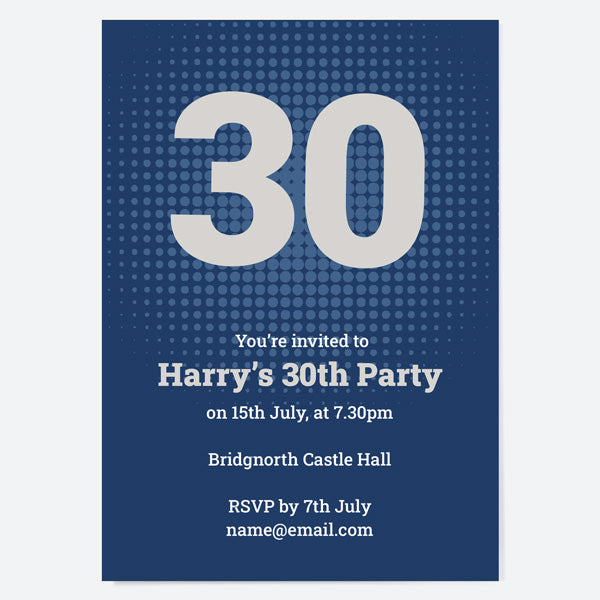 30th Birthday Invitations - Navy Bold Typography - Pack of 10