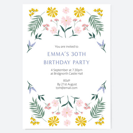 30th Birthday Invitations - Summer Botanicals - Delicate Flowers - Pack of 10