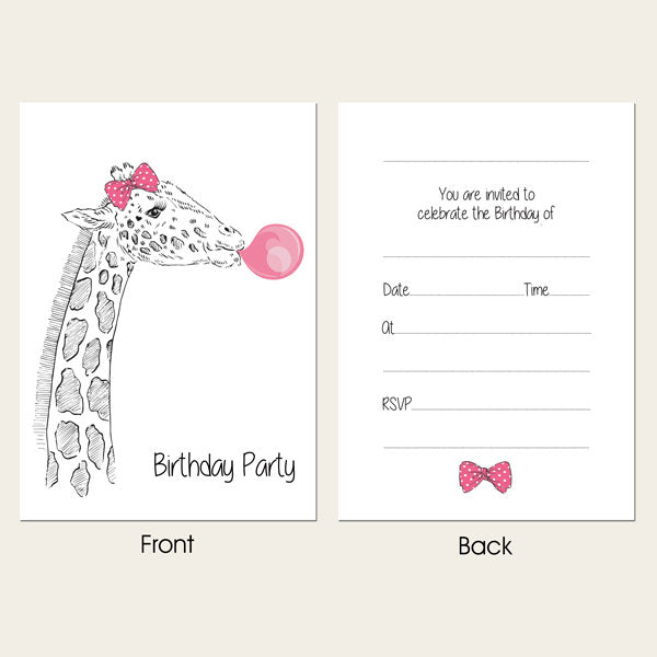 Ready to Write Kids Birthday Invitations - Cute Giraffe & Bubblegum - Pack of 10