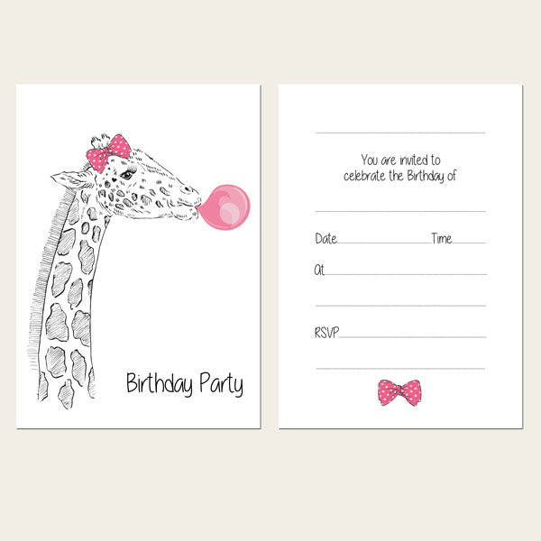 Ready to Write Kids Birthday Invitations - Cute Giraffe & Bubblegum - Pack of 10