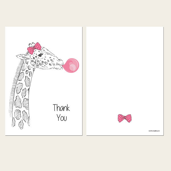 Ready to Write Kids Thank You Cards - Cute Giraffe & Bubblegum - Pack of 10