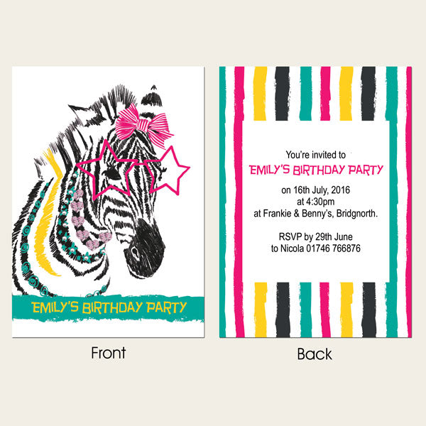 Personalised Kids Birthday Invitations - Cool Zebra - Pack of 10