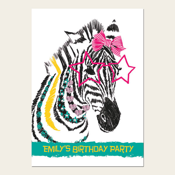 Personalised Kids Birthday Invitations - Cool Zebra - Pack of 10