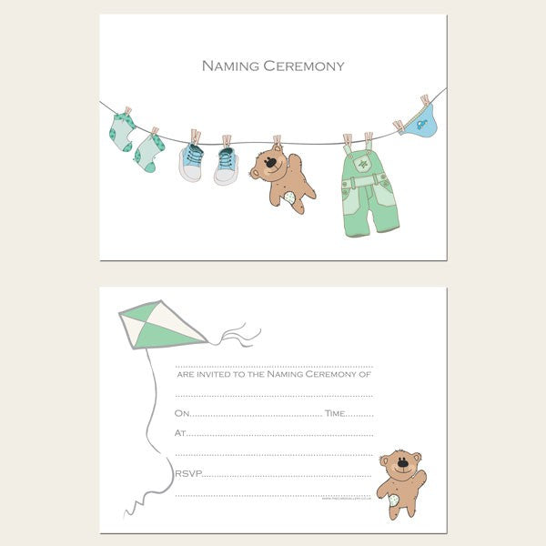 Naming Ceremony Invitations - Boys Teddy & Washing Line - Postcard - Pack of 10