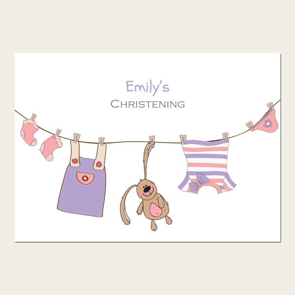 Christening Invitations - Girls Bunny & Washing Line - Postcard - Pack of 10