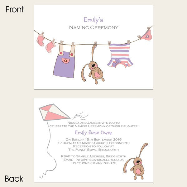 Naming Ceremony Invitations - Girls Bunny & Washing Line - Pack of 10