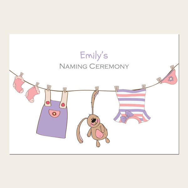 Naming Ceremony Invitations - Girls Bunny & Washing Line - Pack of 10