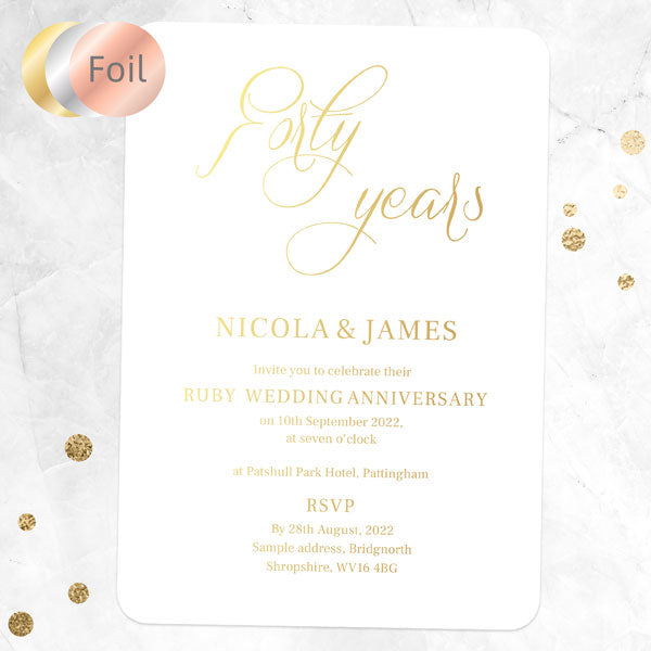 40th Foil Wedding Anniversary Invitations - Elegant Script - Pack of 10