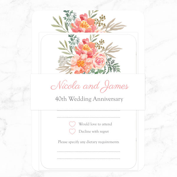 40th Wedding Anniversary Invitations - Peach Watercolour Bouquet - Pack of 10