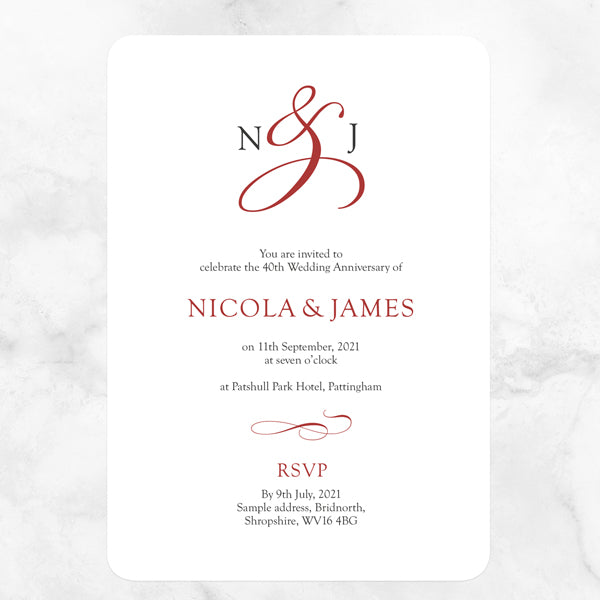 40th Wedding Anniversary Invitations - Classic Monogram