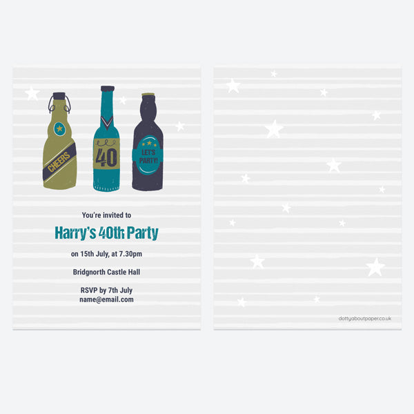 40th Birthday Invitations - Beer Bottles - Cheers - Pack of 10