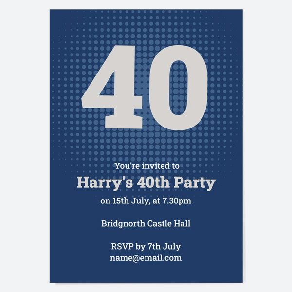 40th Birthday Invitations - Navy Bold Typography - Pack of 10