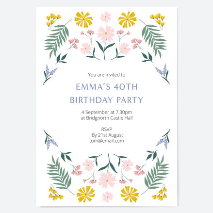40th Birthday Invitations - Summer Botanicals - Delicate Flowers - Pack of 10