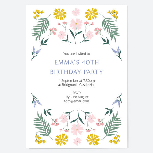 40th Birthday Invitations - Summer Botanicals - Delicate Flowers - Pack of 10