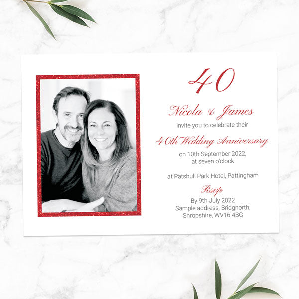 40th Wedding Anniversary Invitations - Simple Glitter Effect - Pack of 10