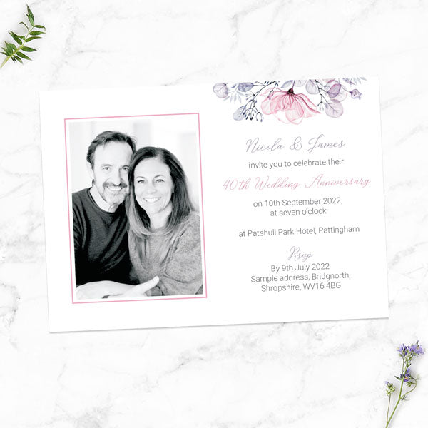 40th Wedding Anniversary Invitations - Lilac & Pink Flowers - Pack of 10