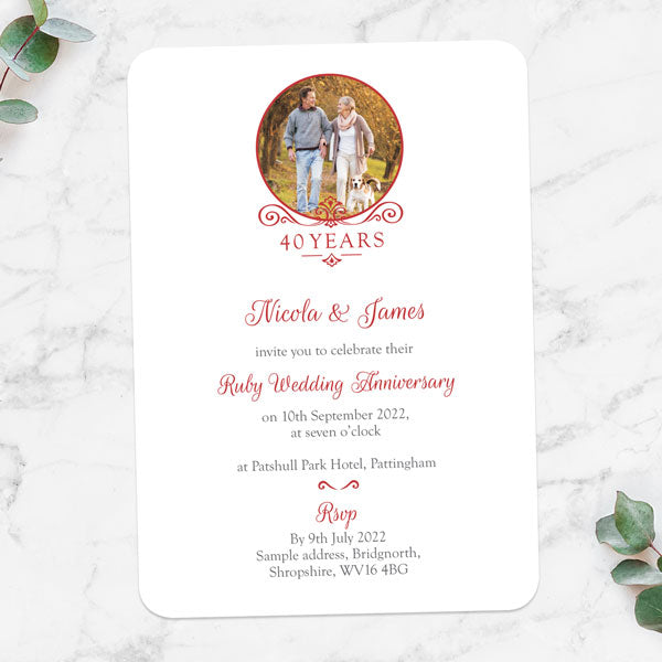 40th Wedding Anniversary Invitations - Ornate Scroll Photo - Pack of 10