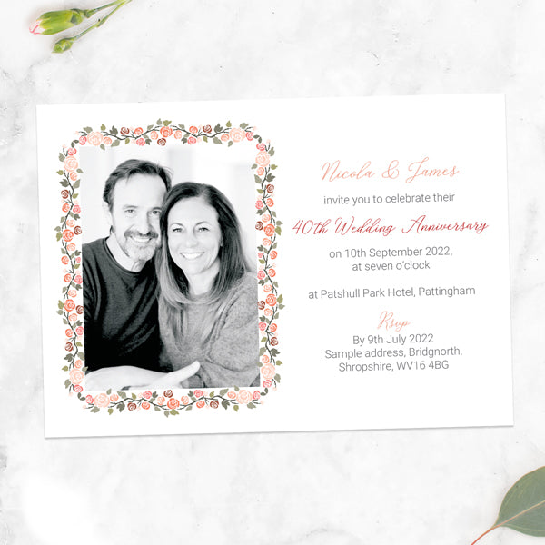 40th Wedding Anniversary Invitations - Peach Rose Border