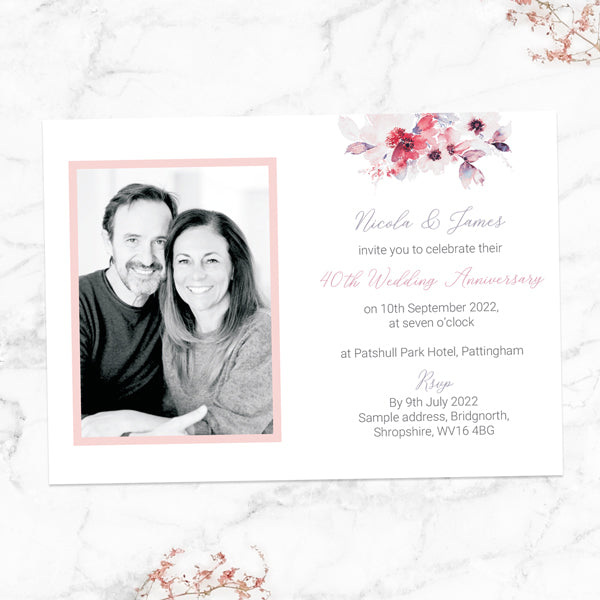 40th Wedding Anniversary Invitations - Pink Watercolour Bouquet