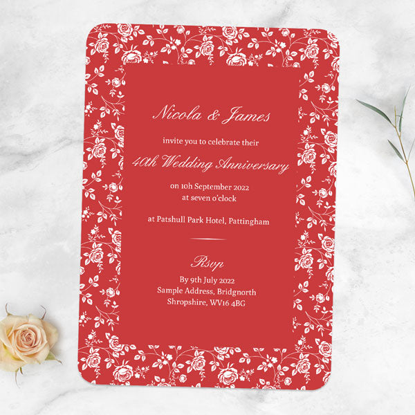 40th Wedding Anniversary Invitations - Delicate Rose Pattern