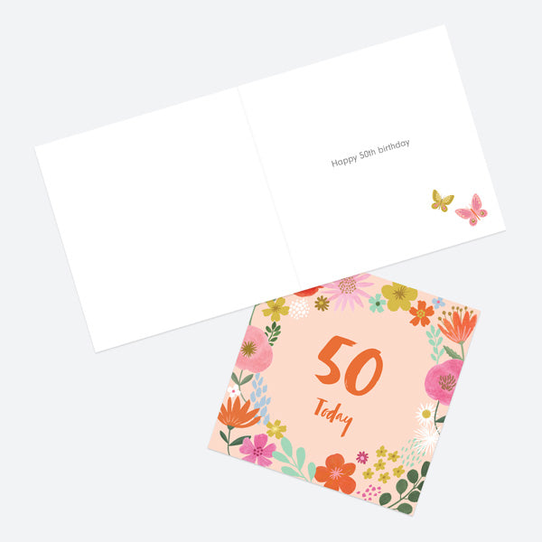 50th Birthday Card - Beautiful Blooms - Border 50