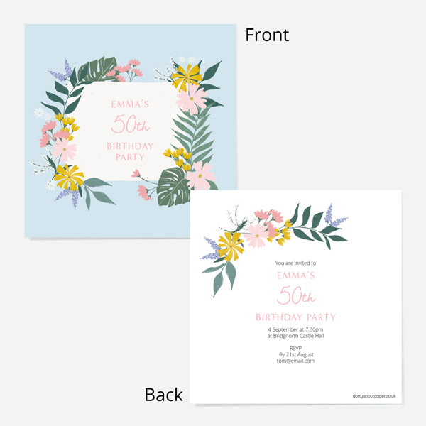 50th Birthday Invitations - Summer Botanicals - Floral Frame - Pack of 10