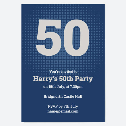 50th Birthday Invitations - Navy Bold Typography - Pack of 10