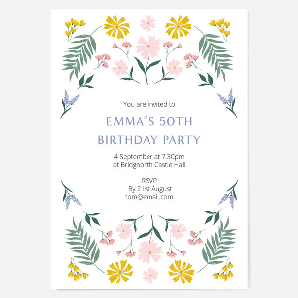 50th Birthday Invitations - Summer Botanicals - Delicate Flowers - Pack of 10