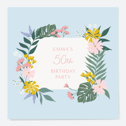 50th Birthday Invitations - Summer Botanicals - Floral Frame - Pack of 10