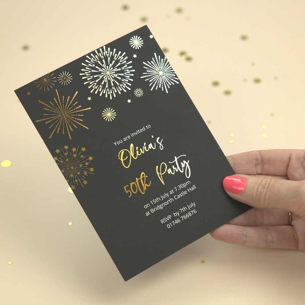 50th Birthday Invitations - Gold Deluxe - Black Fireworks - Pack of 10