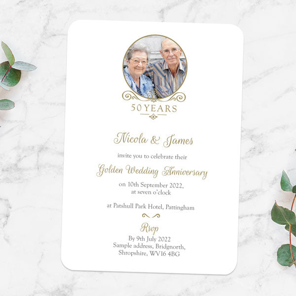 50th Wedding Anniversary Invitations - Ornate Scroll Photo - Pack of 10