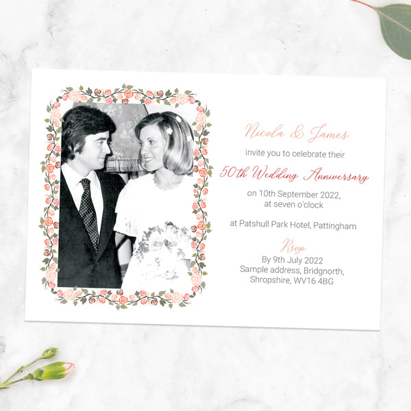 50th Wedding Anniversary Invitations - Peach Rose Border