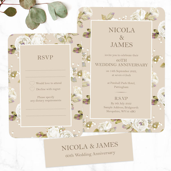 60th Wedding Anniversary Invitations - Vintage Cream Roses