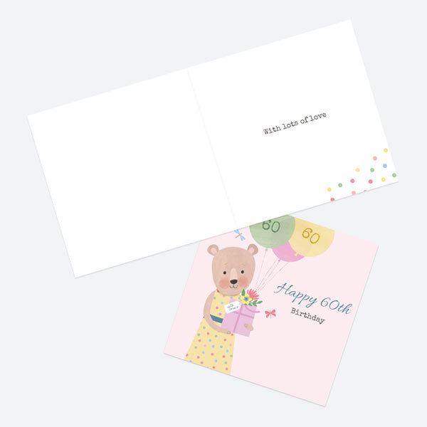 60th Birthday Card - Dotty Bear - Balloons - 60th
