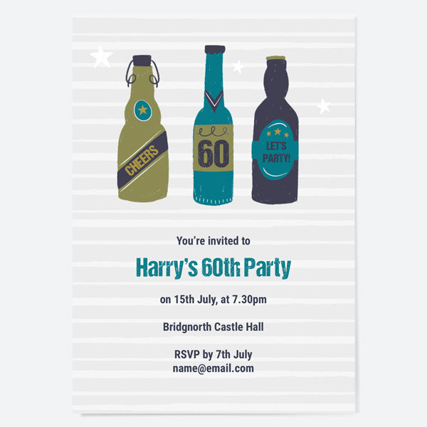60th Birthday Invitations - Beer Bottles - Cheers - Pack of 10