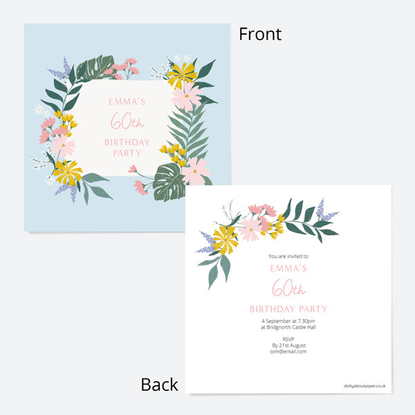 60th Birthday Invitations - Summer Botanicals - Floral Frame - Pack of 10