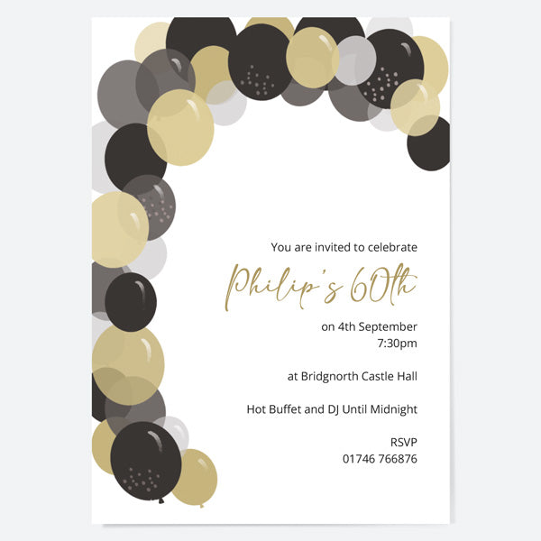 60th Birthday Invitations - Gold Balloon Arch - Pack of 10