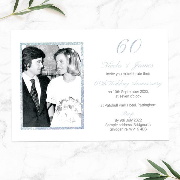 60th Wedding Anniversary Invitations - Simple Glitter Effect - Pack of 10