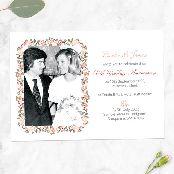 60th Wedding Anniversary Invitations - Peach Rose Border