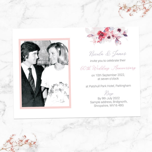 60th Wedding Anniversary Invitations - Pink Watercolour Bouquet