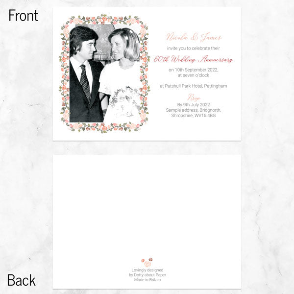 60th Wedding Anniversary Invitations - Peach Rose Border