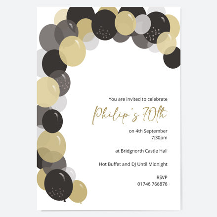 70th Birthday Invitations - Gold Balloon Arch - Pack of 10