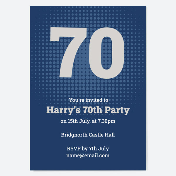 70th Birthday Invitations - Navy Bold Typography - Pack of 10