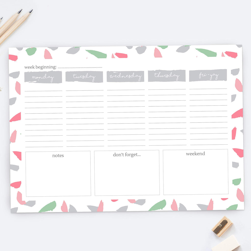 A4 Desk Planner, 53 Pages, Undated, Weekday Planner, Organiser, to Do List, Notepad for School, Home, Work, Office, Acedemic, Events - Paint The Town (06/0007)