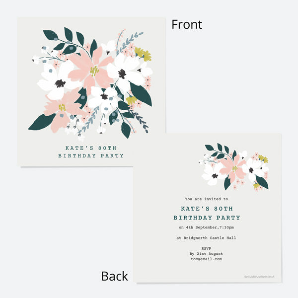 80th Birthday Invitations - Blush Modern Floral - Bouquet- Pack of 10