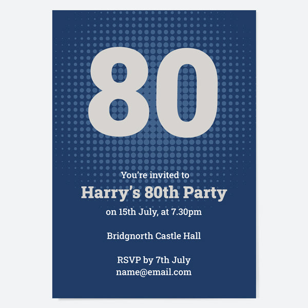 80th Birthday Invitations - Navy Bold Typography - Pack of 10