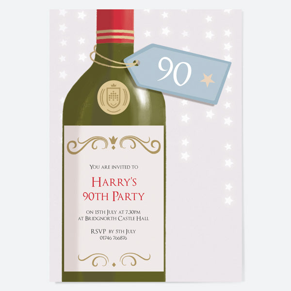 90th Birthday Invitations - White Wine Bottle - Pack of 10